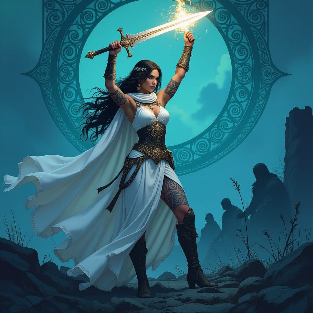 Celtic Warrior Queen with Glowing Sword, in Art Nouveau Styl...