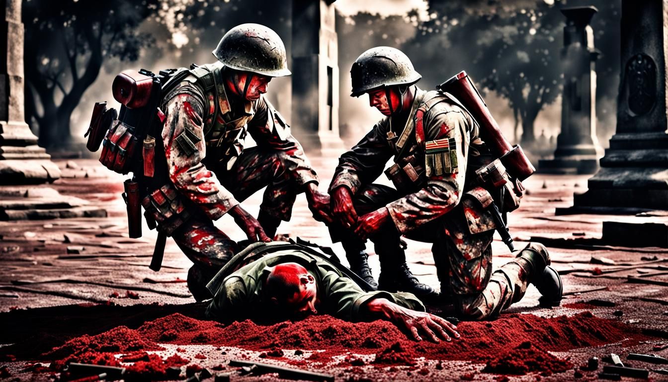 Hyperrealistic Soldier's Grief on Battlefield