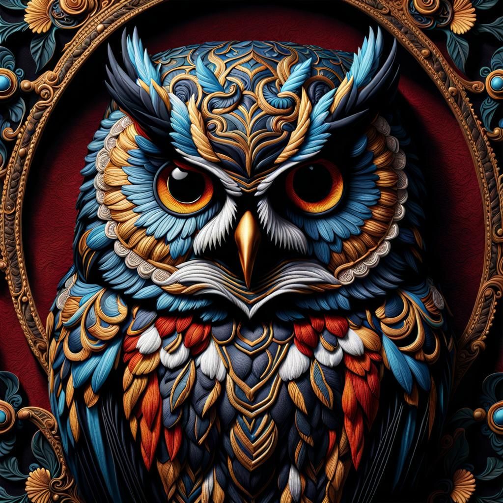 Highly detailed embroidered owl.