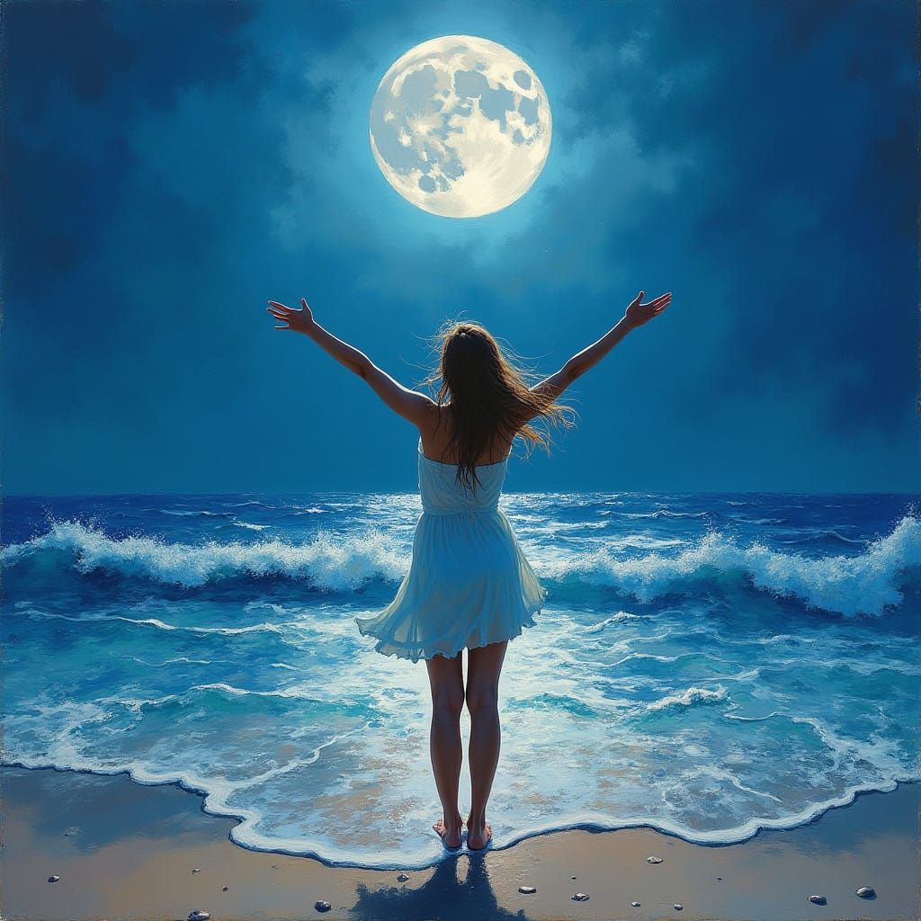 Girl Embracing Freedom Under a Full Moon