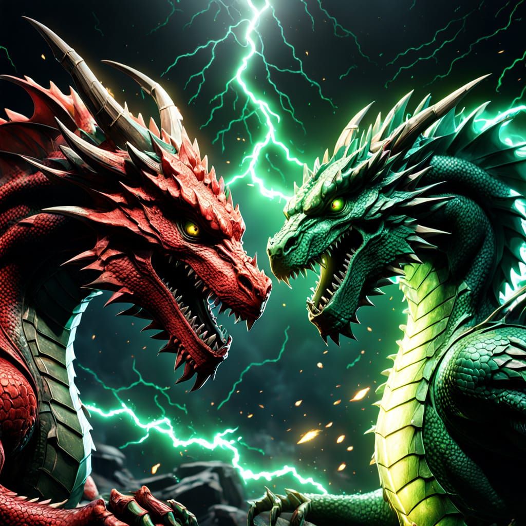 Red and Green Dragons Clash in 3D Game Art