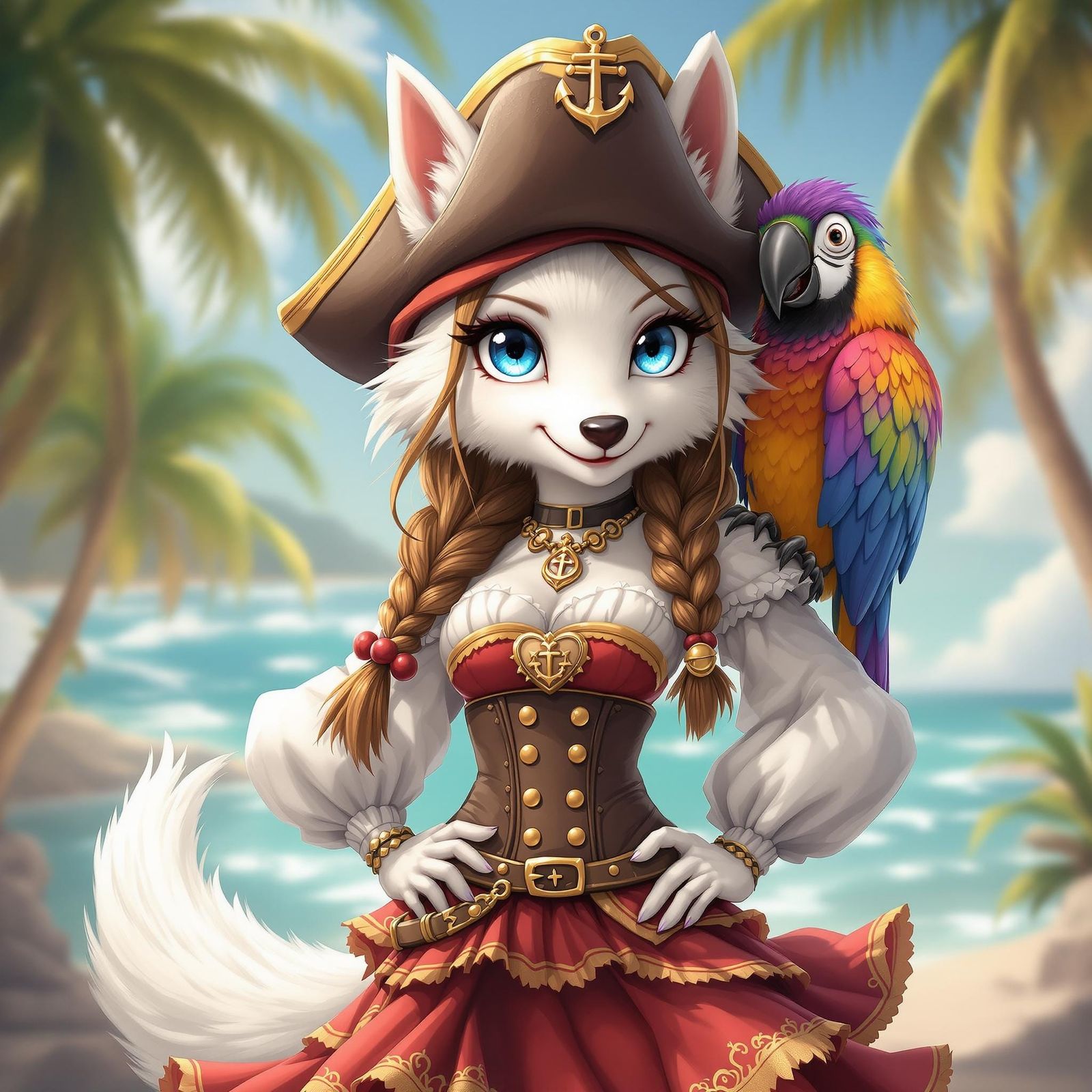 Kawaii Chibi Pirate Wolf Captain in Tropical Paradise
