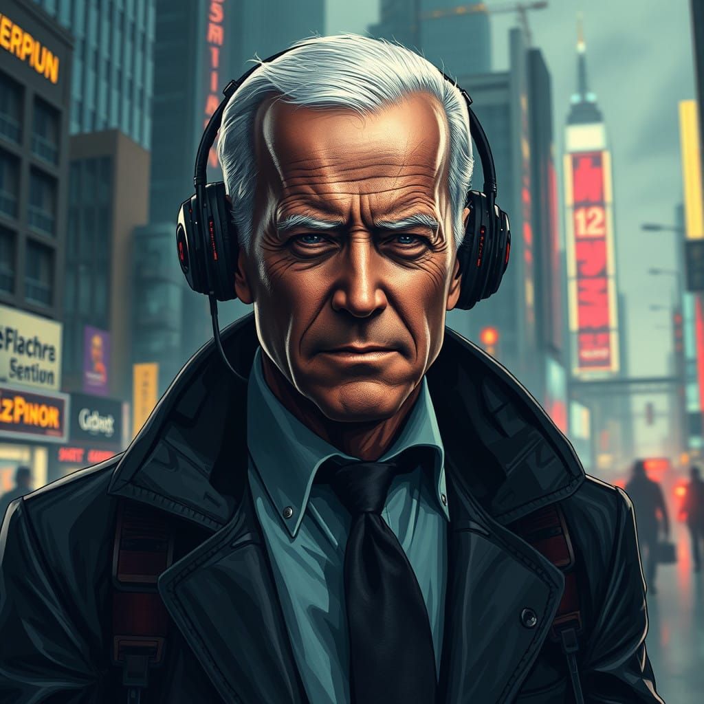 Cyborg Politician in Neo-Noir Cityscape