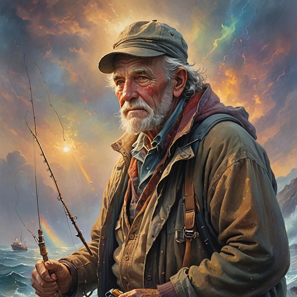 Ethereal Fisherman Portrait in Thomas Kinkade Style