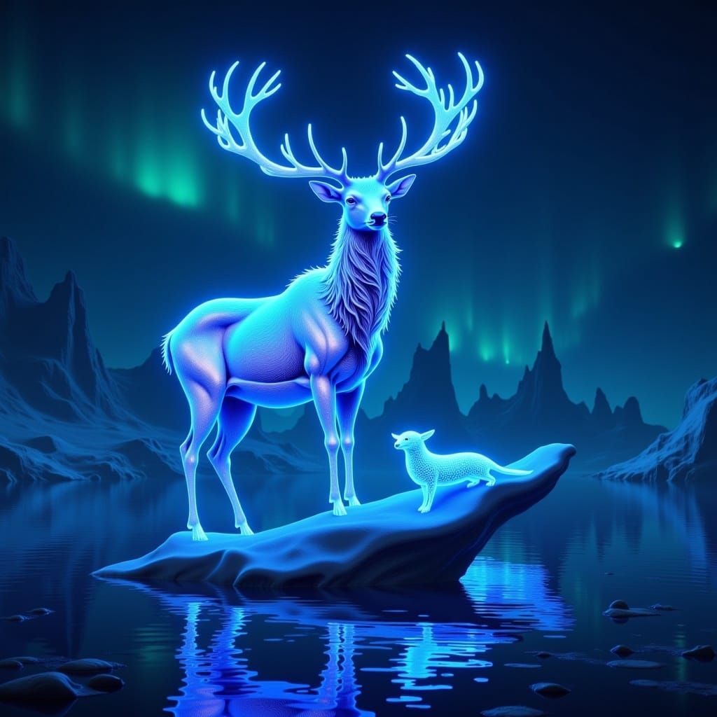 Fluorescent Stag on Iceberg in Dreamlike Landscape