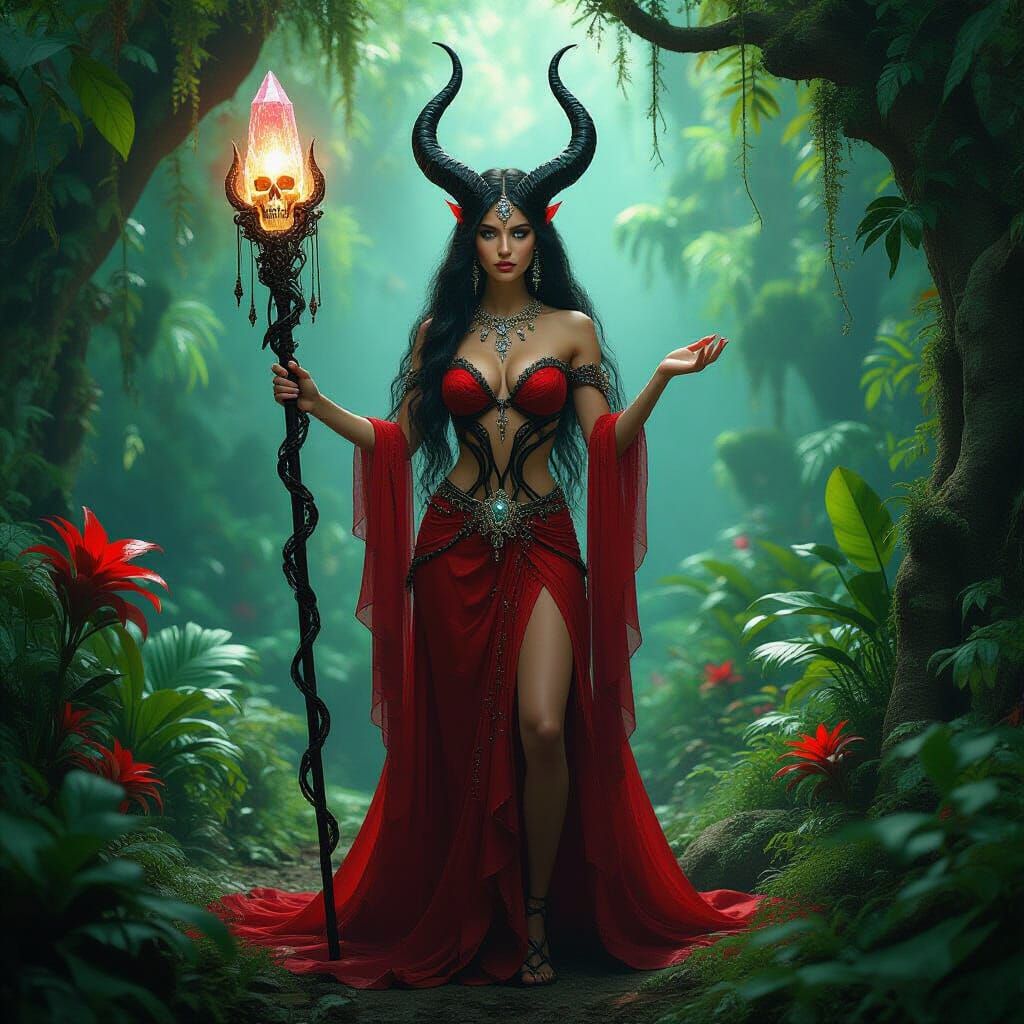 Goddess in Bioluminescent Jungle, Art Nouveau Style