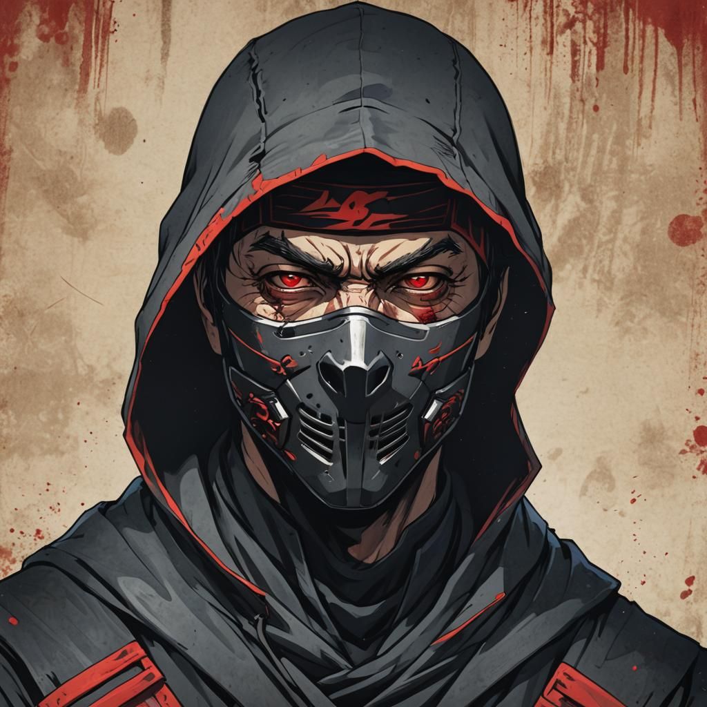Worn Ninja Portrait in Anime Cel-Shaded Style