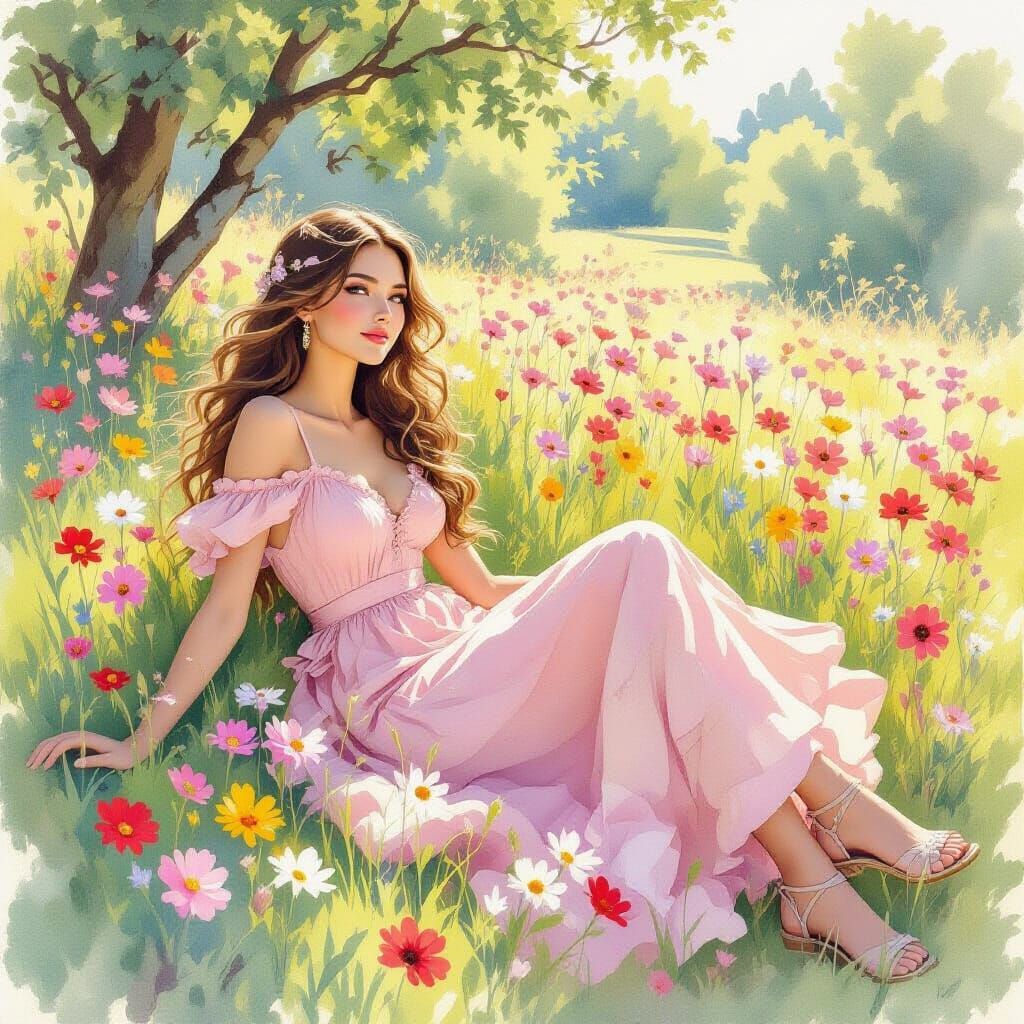 Woman in Wildflower Field: Watercolor Sketch