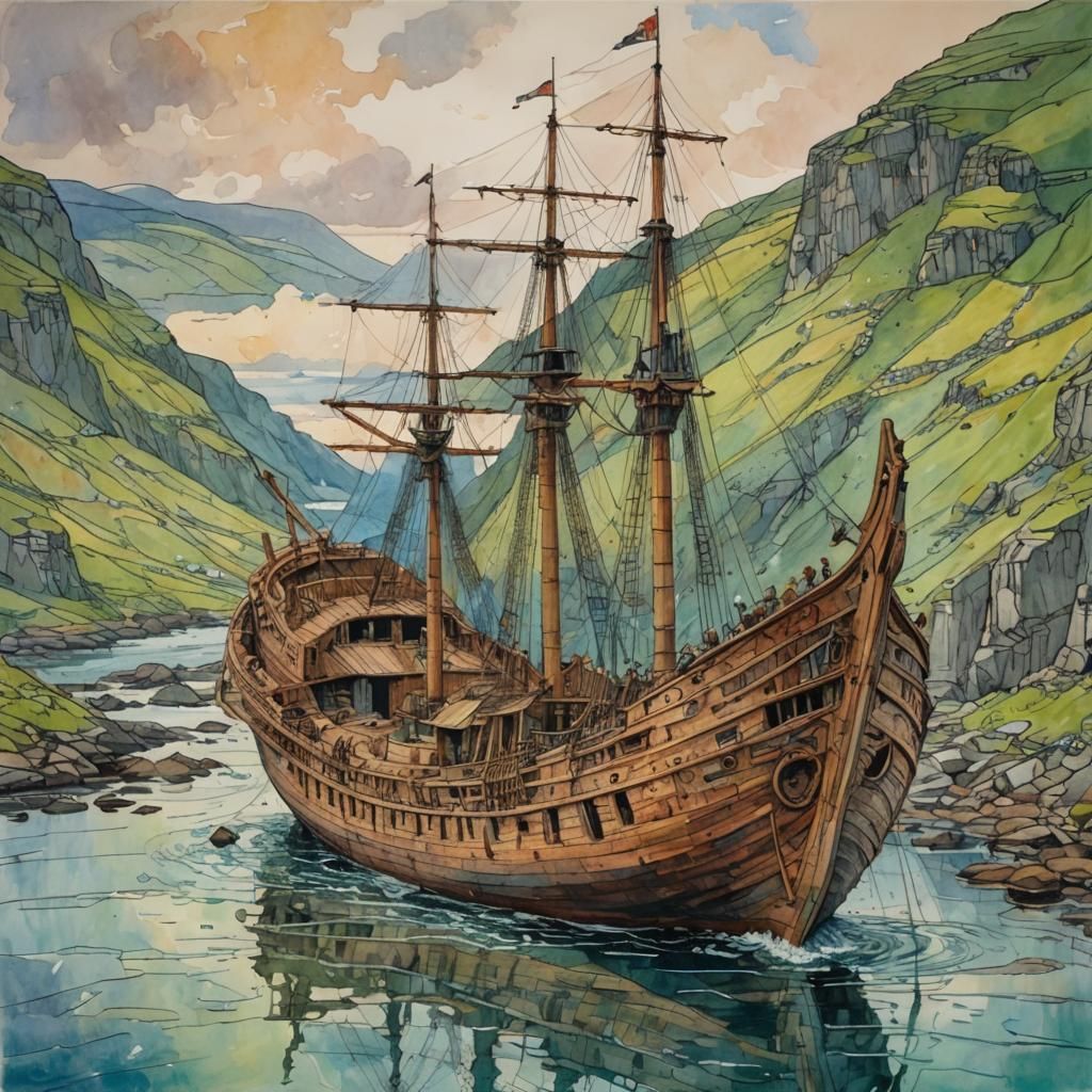 Highland Galley Reconstruction in Watercolor Style