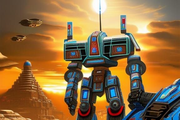 Aztec Mecha Robot in Detailed Sci-Fi Landscape