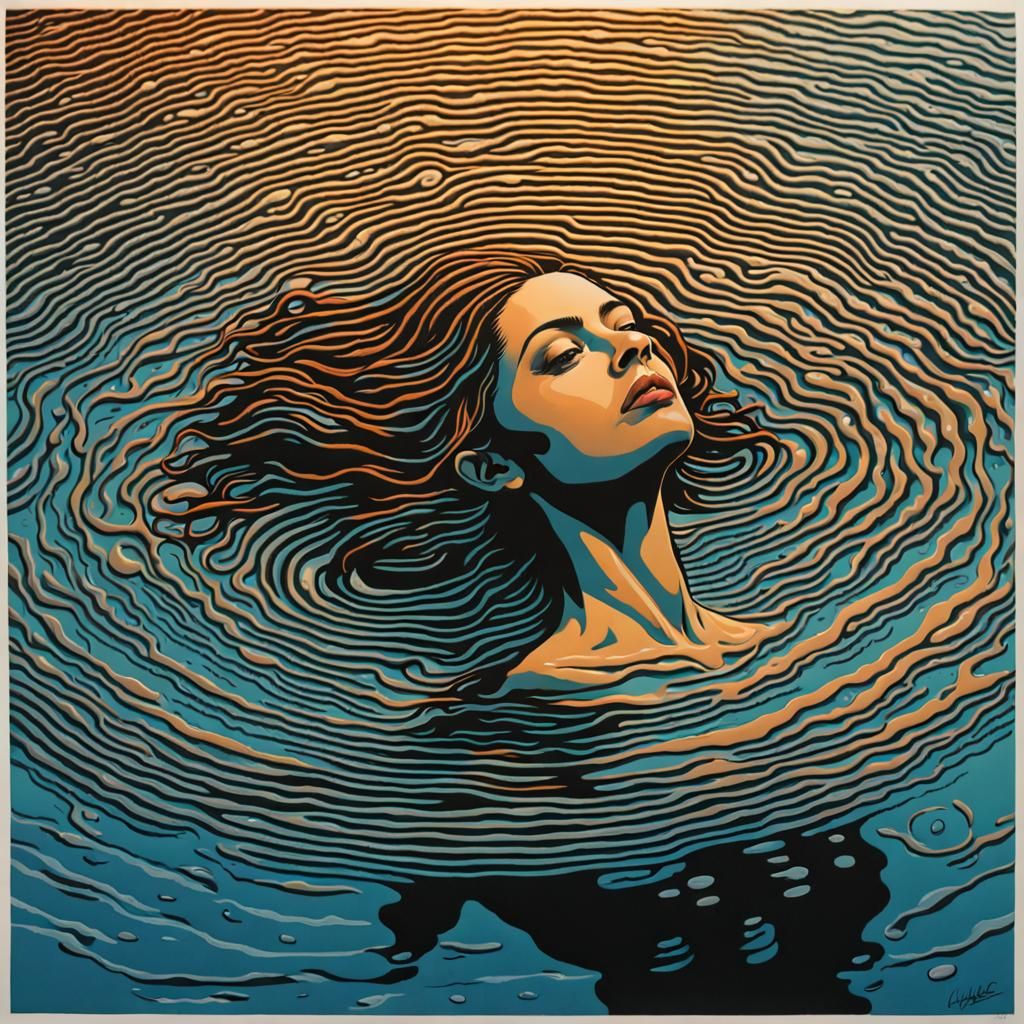 Woman in Water: Vibrant Linocut Print