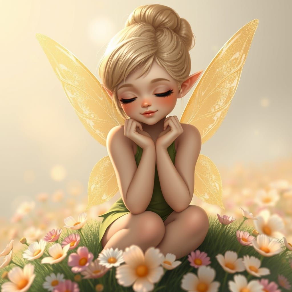 Dreamy Fairy with Golden Wings in Pastel Haze