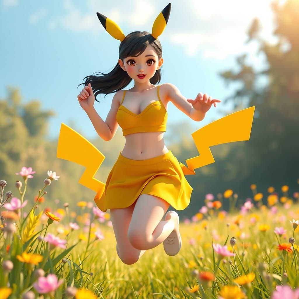 Anime-Inspired Pikachu Girl in Vibrant Meadow