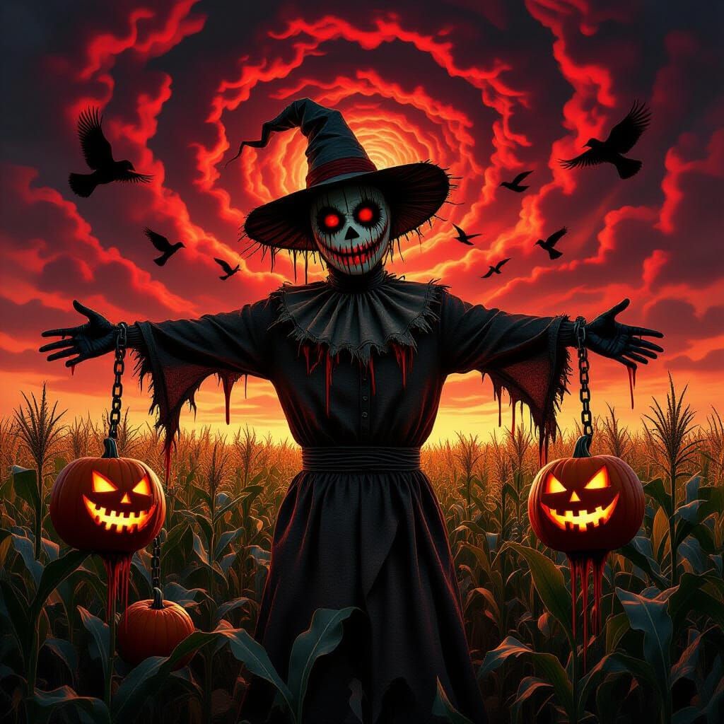 Surreal Horror Scarecrow in Dreamlike Cornfield