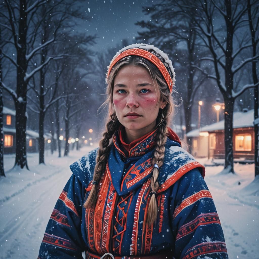 Sami Woman in Snow at Twilight, Synthwave Style