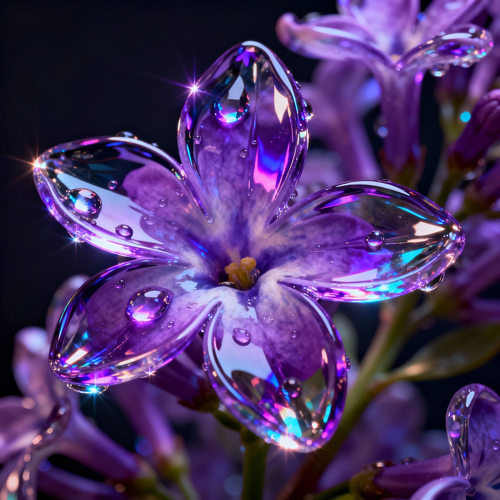 Luminous Lilac Flowers in Liquid Glass Macro Shot