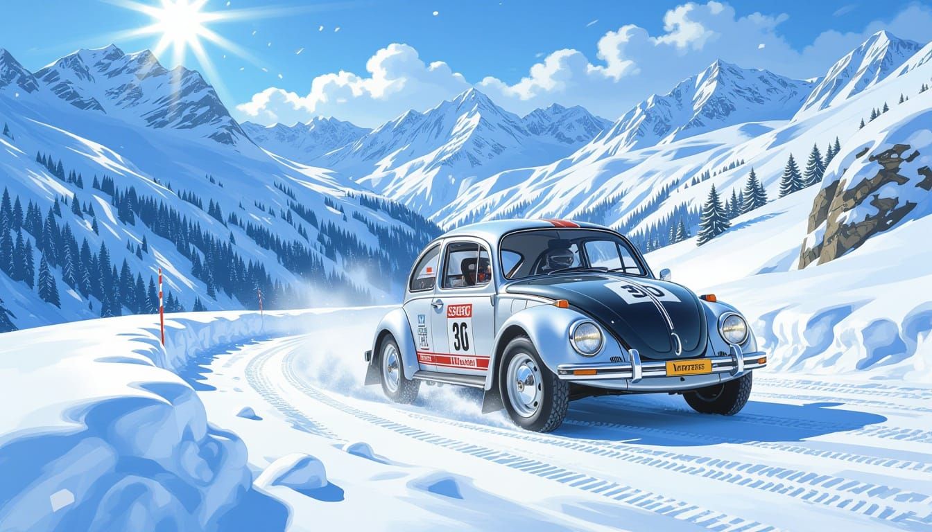 Textured Oil Painting of 1971 VW Beetle Rally Car in Alps
