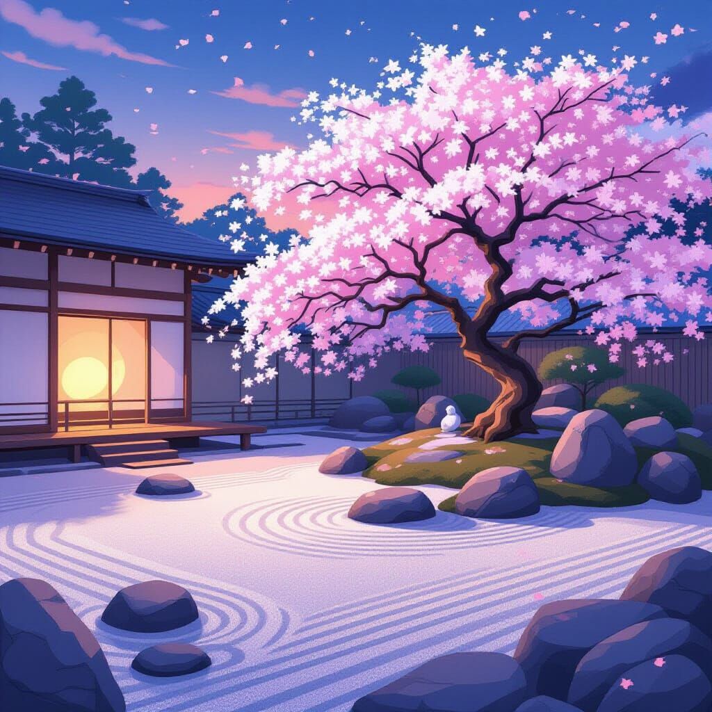 Zen Garden at Twilight in Japanese Art Style