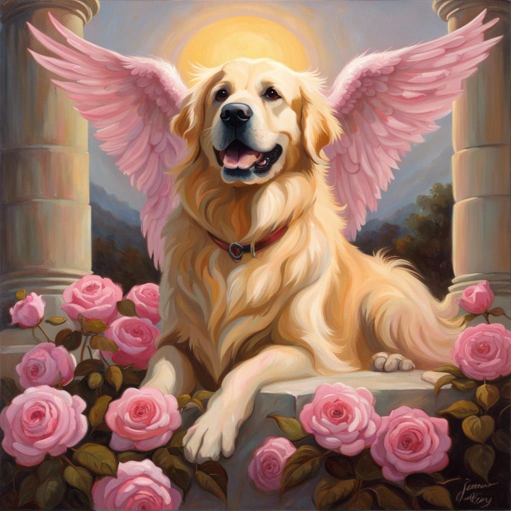 Gothic Golden Retriever with Angel Wings