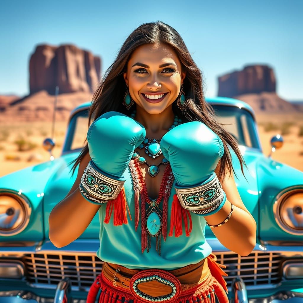 Navajo Woman Poses with Turquoise Chevy in Monument Valley