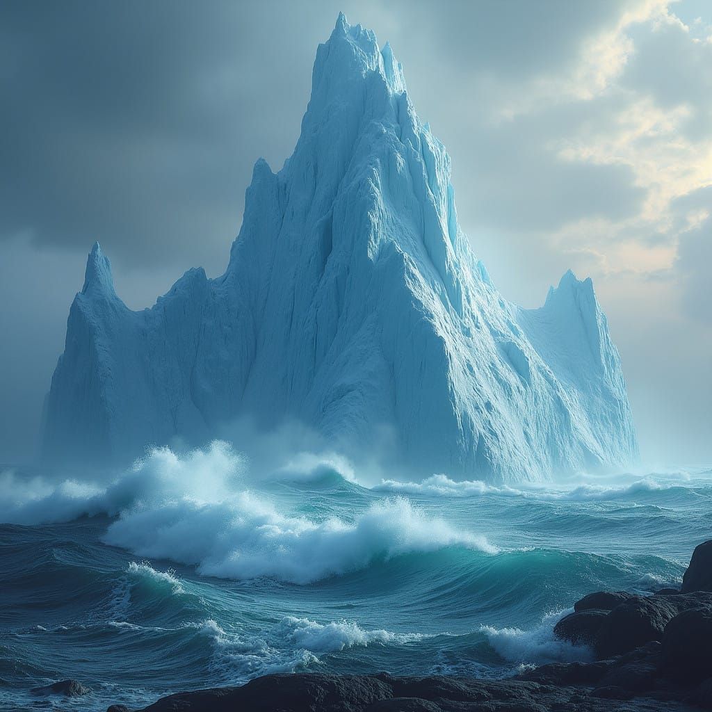 Majestic Glacier Rises from Turbulent Azure Ocean in Hyper-R...