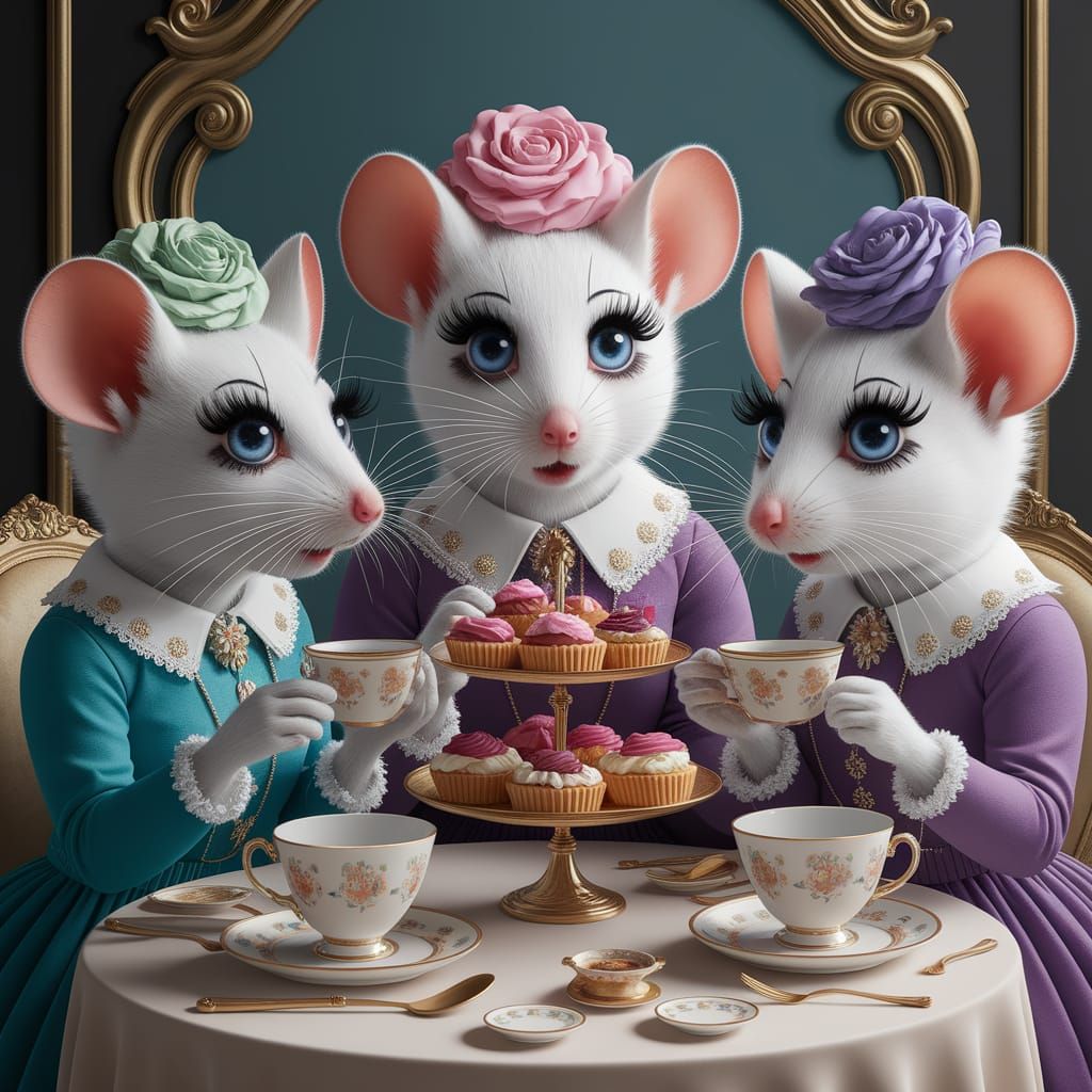 Elegant Femine Mice Enjoy Vintage Tea Party