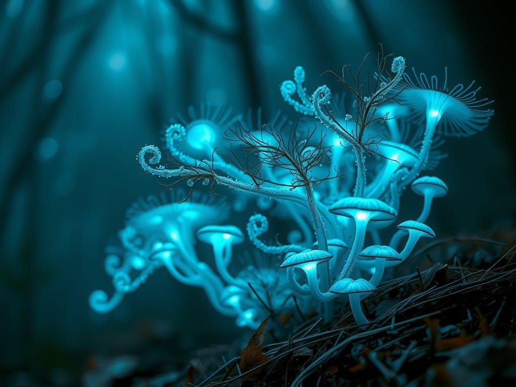 Bioluminescent Blue Mushrooms in Dreamlike Forest