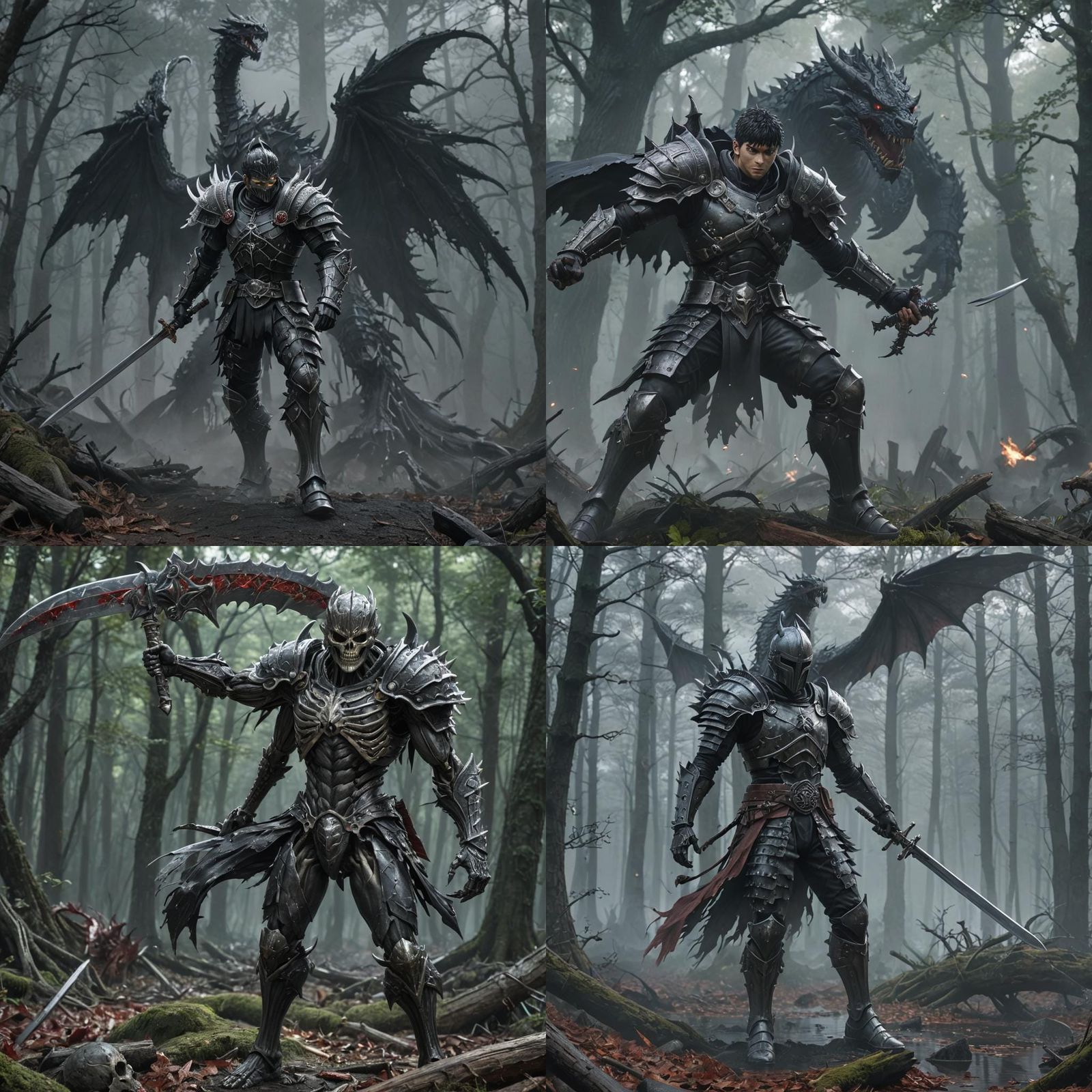 Guts in Berserk Armor Fighting Skeletons