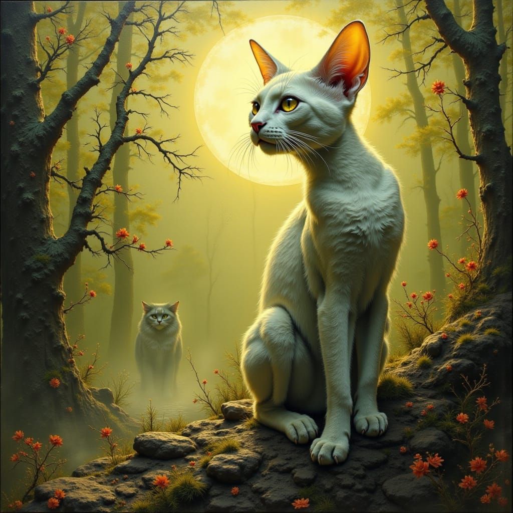 triadic olive Neon glow. White Surreal Cat Creature. abstrac...