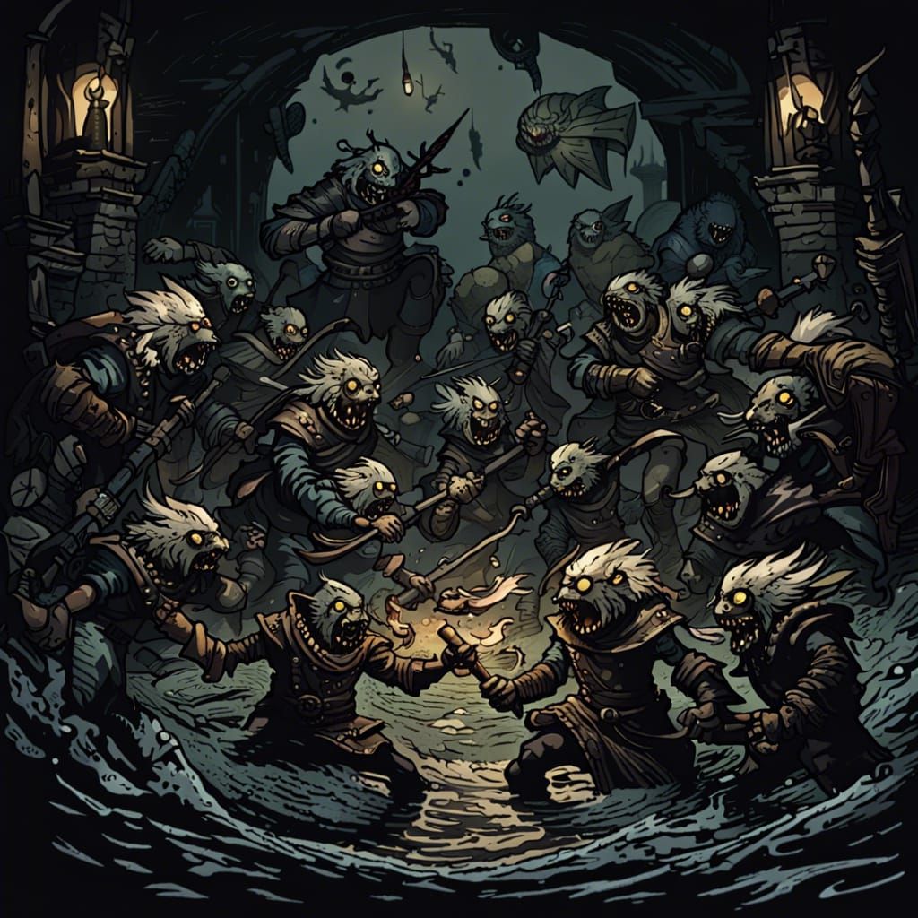 Fish Humanoids Battle Fantasy Adventurers in Darkest Dungeon...