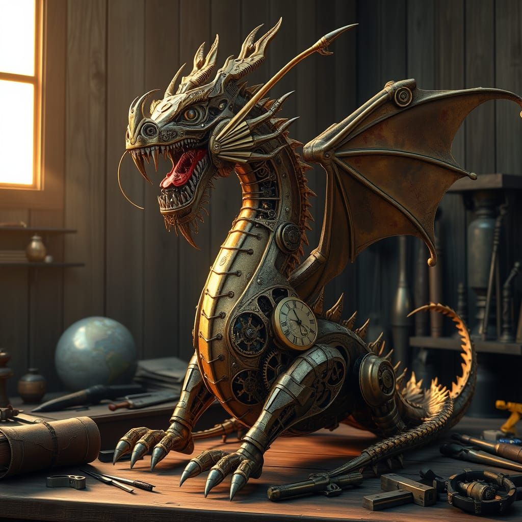 A clockwork dragon, showcasing it's magnificent mechanics