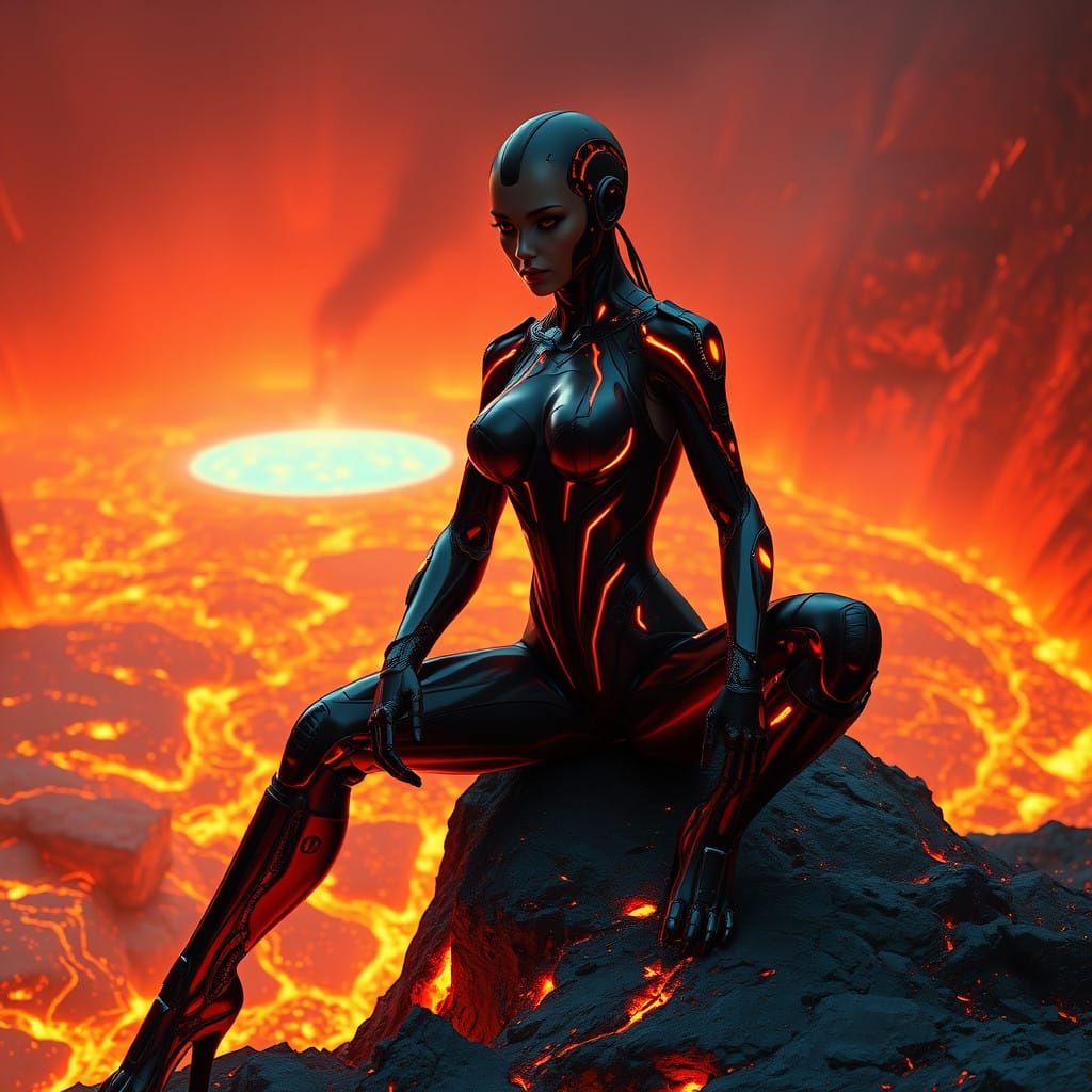 Cyberpunk Android Goddess Emerges from Lava River