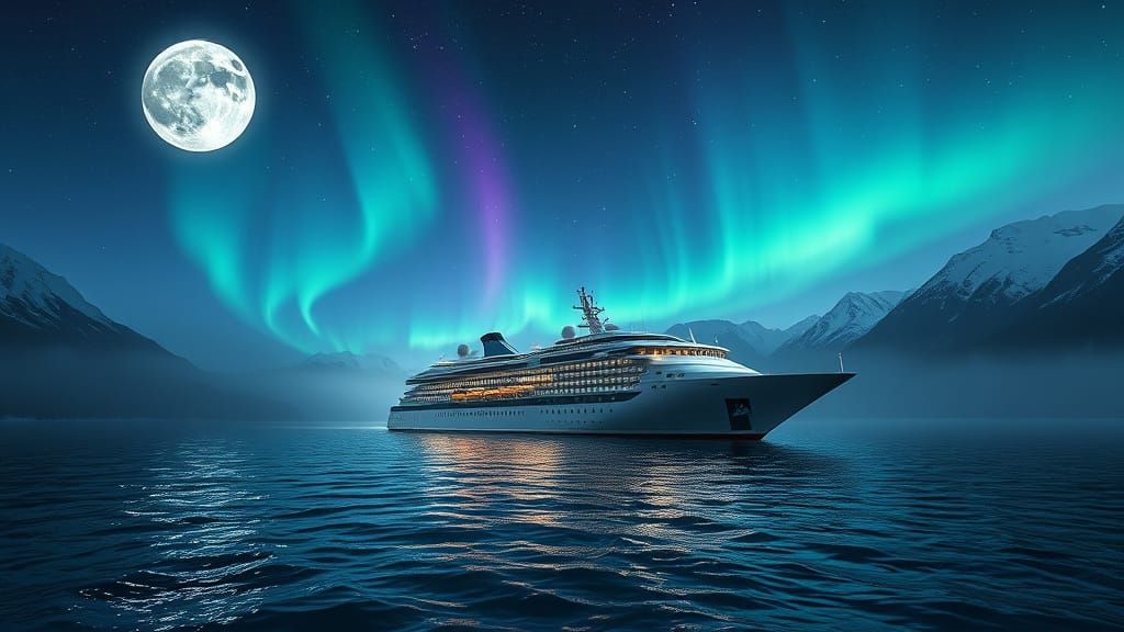 Luxury Cruise Liner Under Polar Lights in Norwegian Fjord