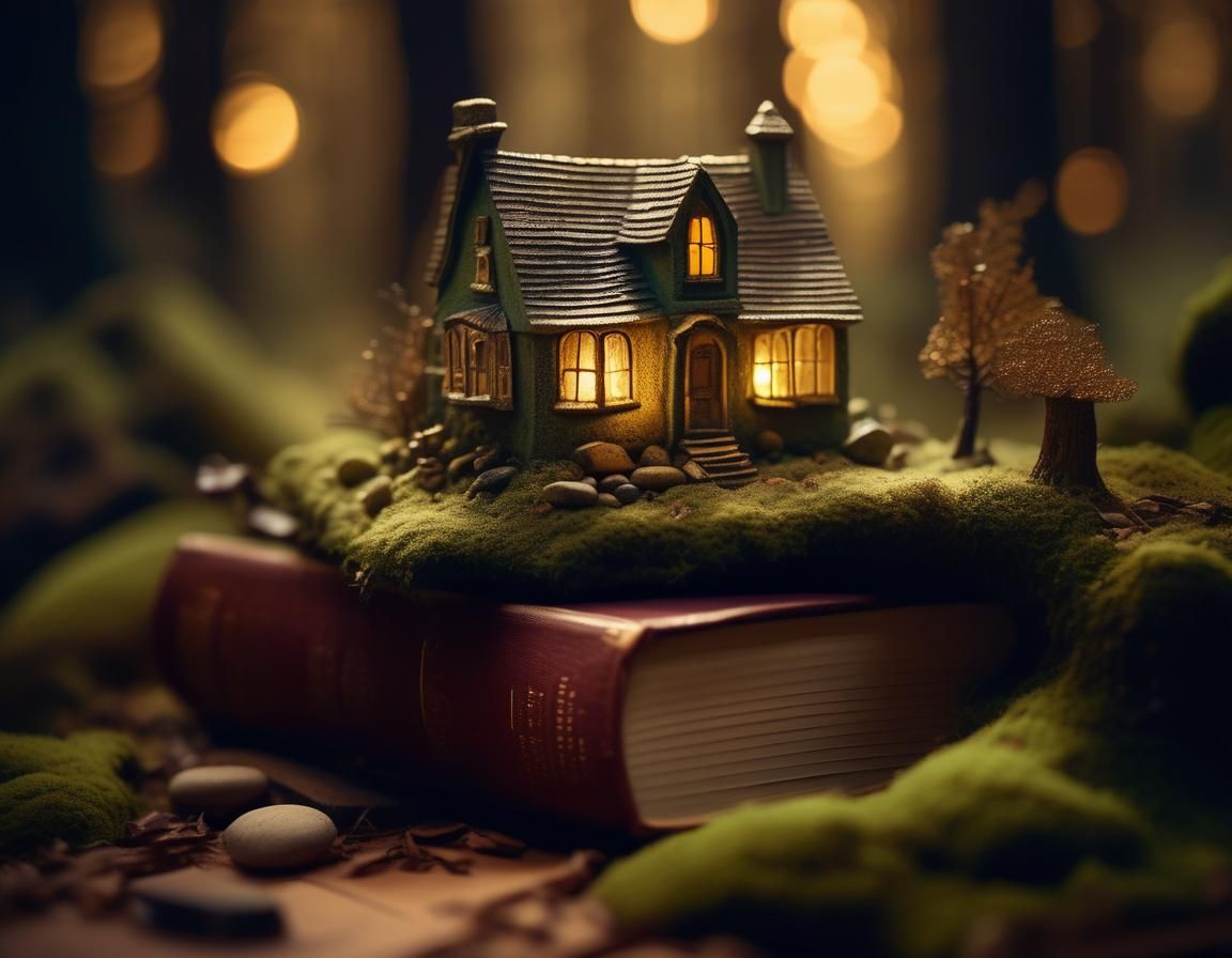Enchanting Dollhouse in Mystical Forest, Macro Photography