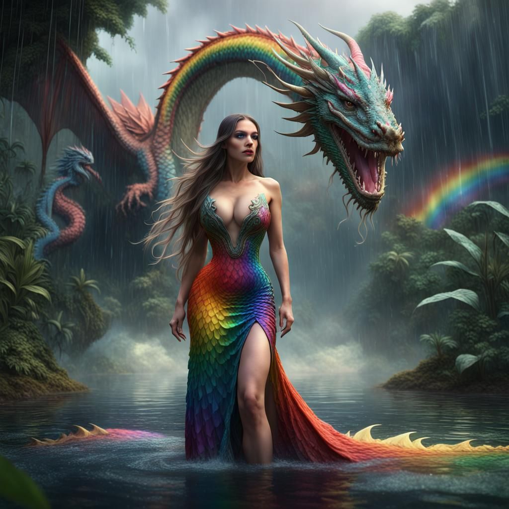 Jungle Woman and Dragon in a Rainbow Rain
