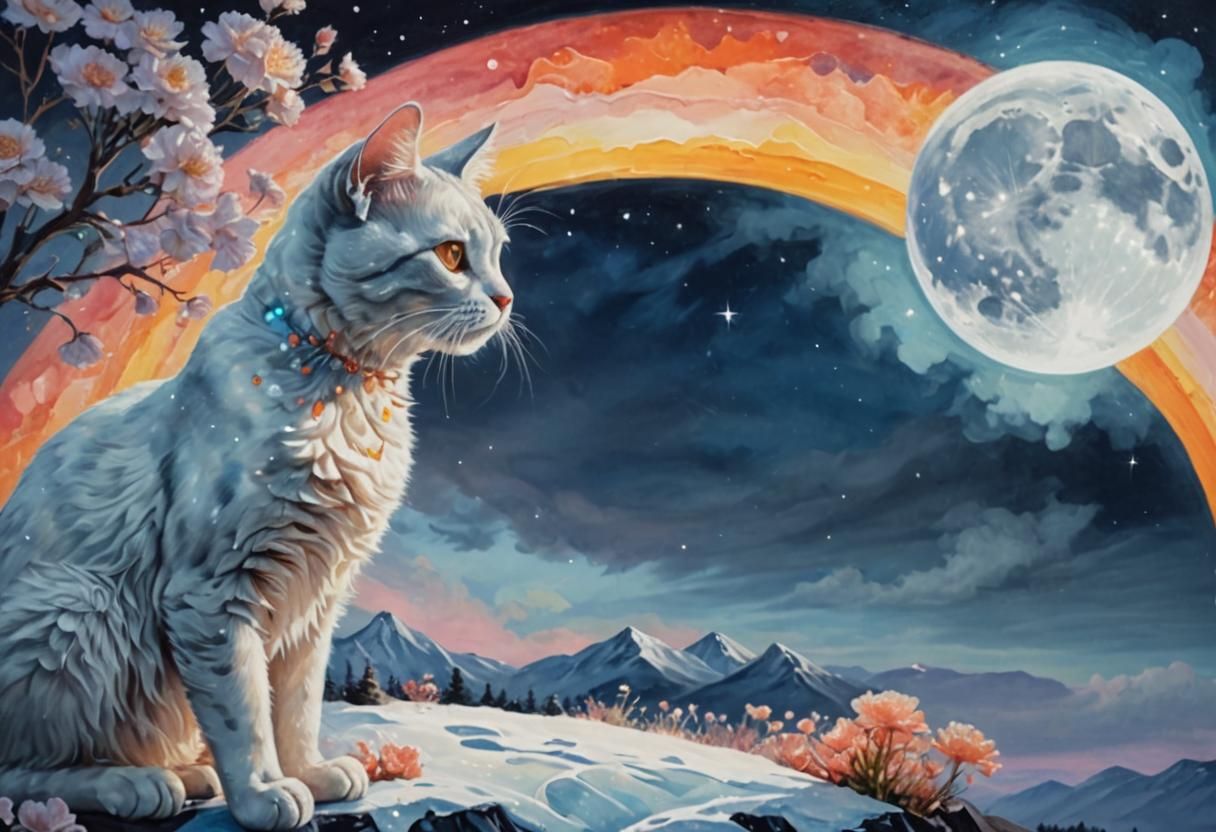 Vibrant Orange Glass Cat Amidst Swirling Clouds and Rainbow