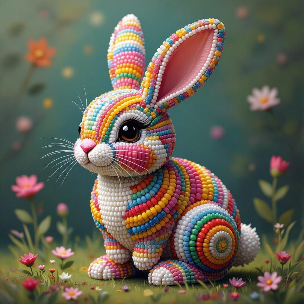 Colorful Beaded Bunny Mosaic in Whimsical Style