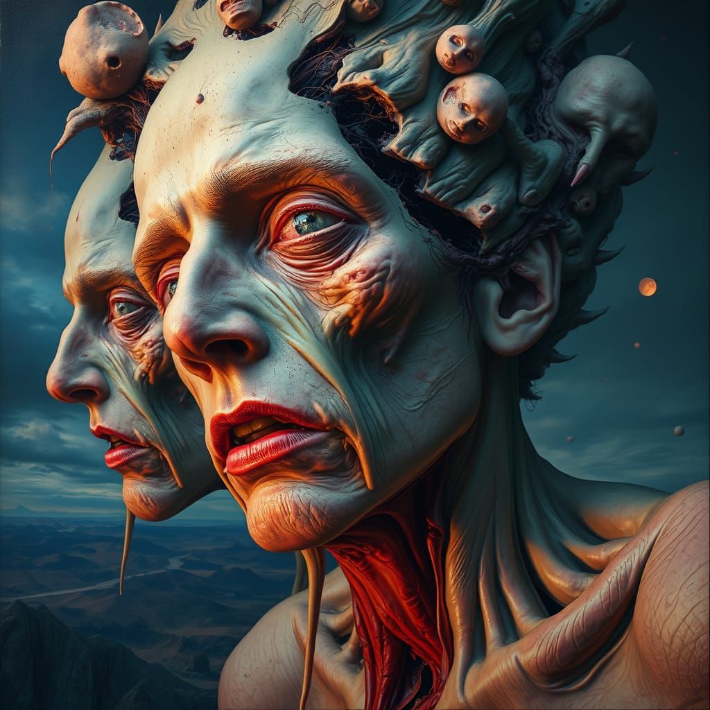 Surreal Disintegrating Faces in a Digital Art Style