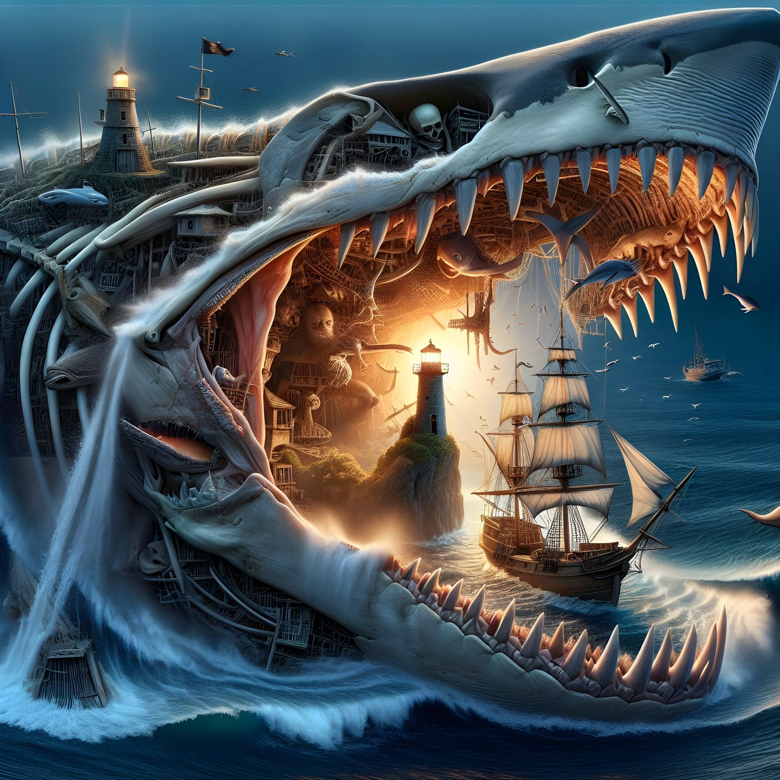 Vibrant Ocean Scene within a Giant Shark Skeleton