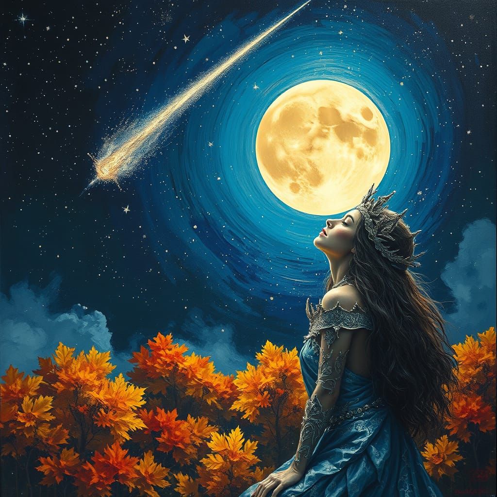 Celestial Moon Goddess & Comet in Fantasy Autumn