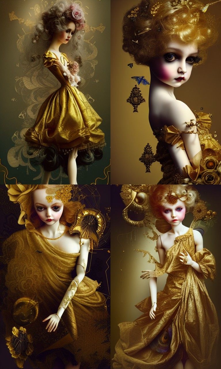 Porcelain Doll in Gold Dress: Baroque Surreal Illustration