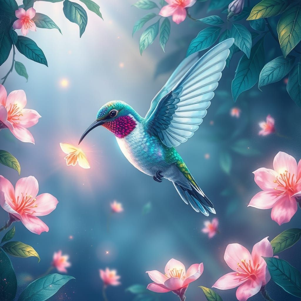 Bioluminescent Hummingbird in Alien Jungle: Watercolor Art