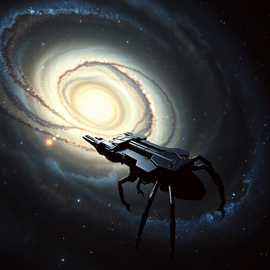 Sleek Black Spaceship Nears Iridescent Galaxy