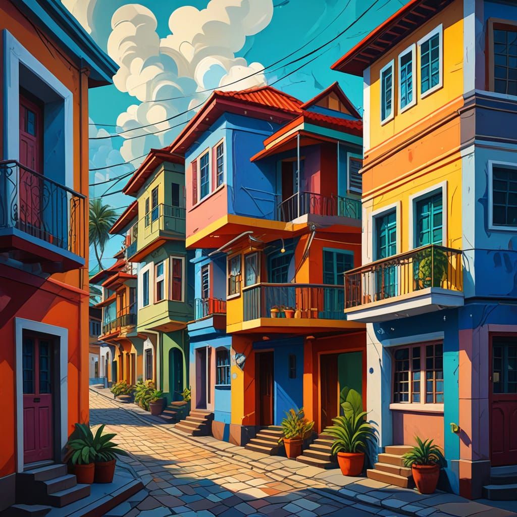 Vibrant Cubist Oil Painting of Dominical's Coastal Streets