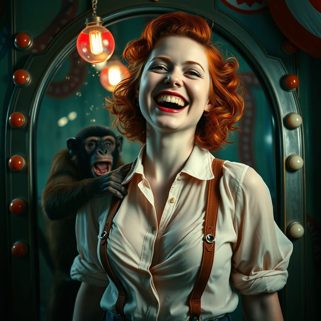 Redhead Pin-Up Girl and Circus Monkey, Acrylic Style