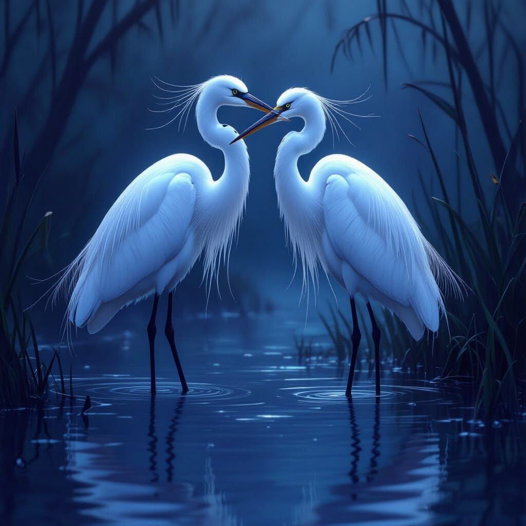 Herons in Misty Lagoon: Dark Fantasy Concept Art