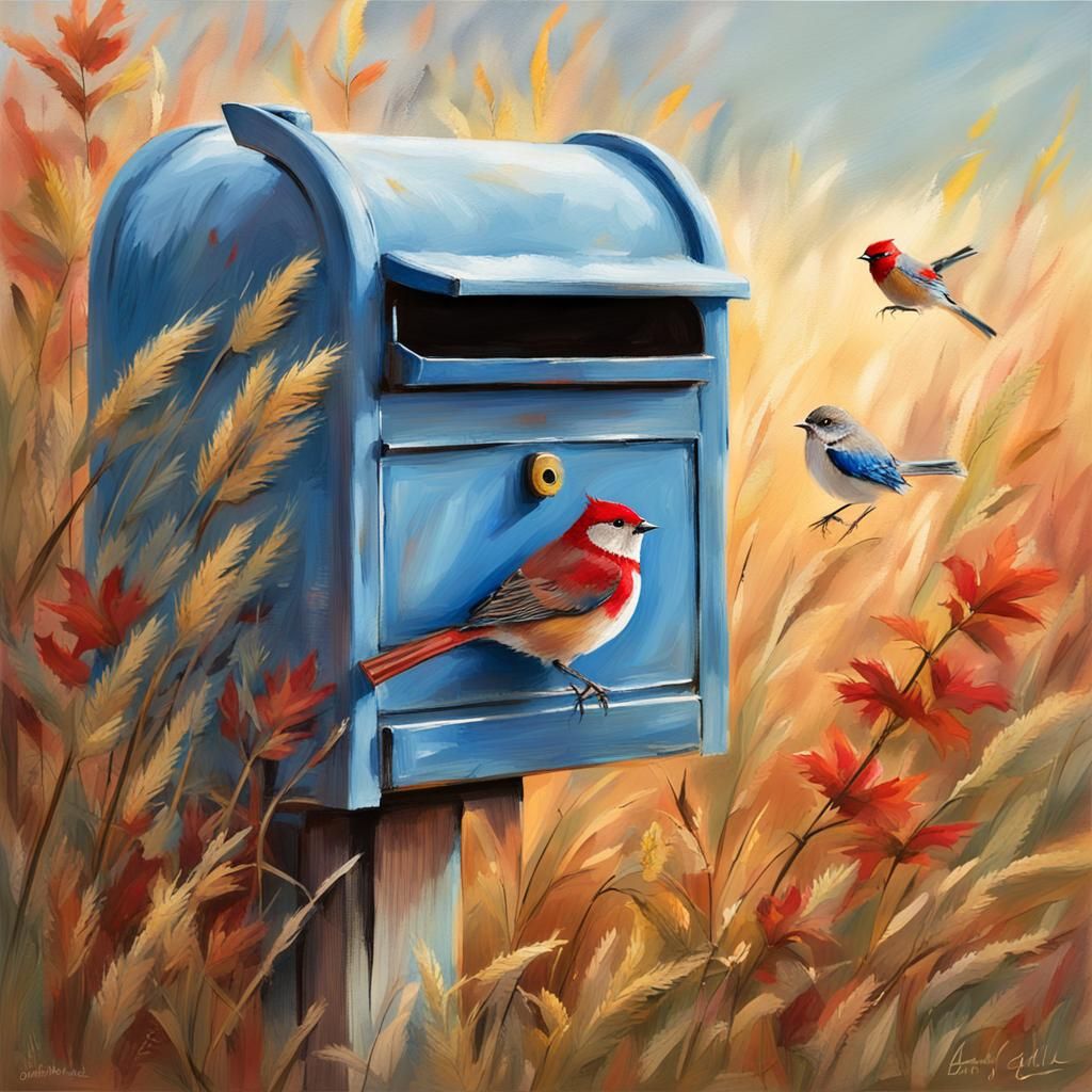 Autumn Mailbox in Impasto Style with Birds