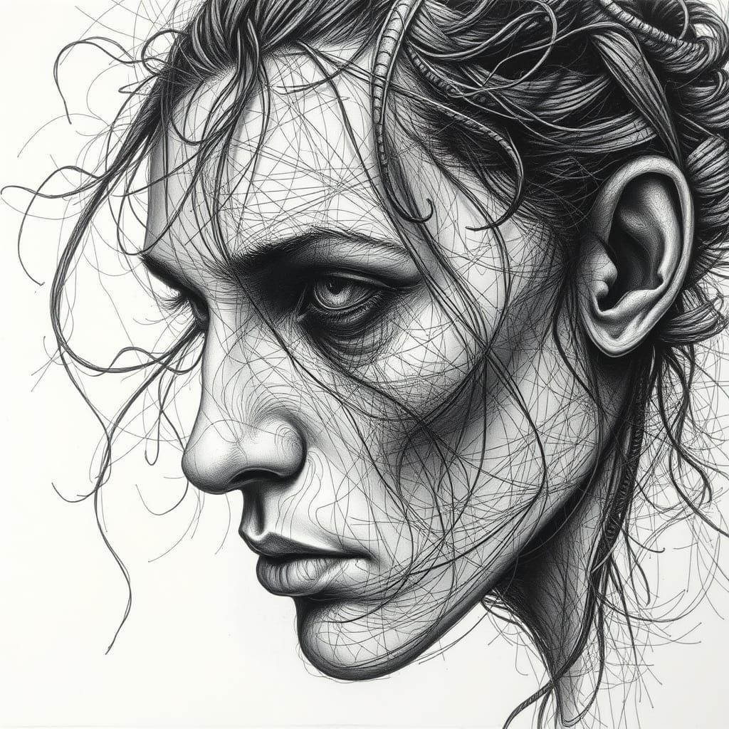 Intricate Charcoal Drawing of Life in Dark Surrealist Style