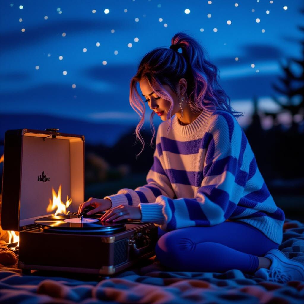 Cozy Autumn Night: Woman and Antique Record Player
