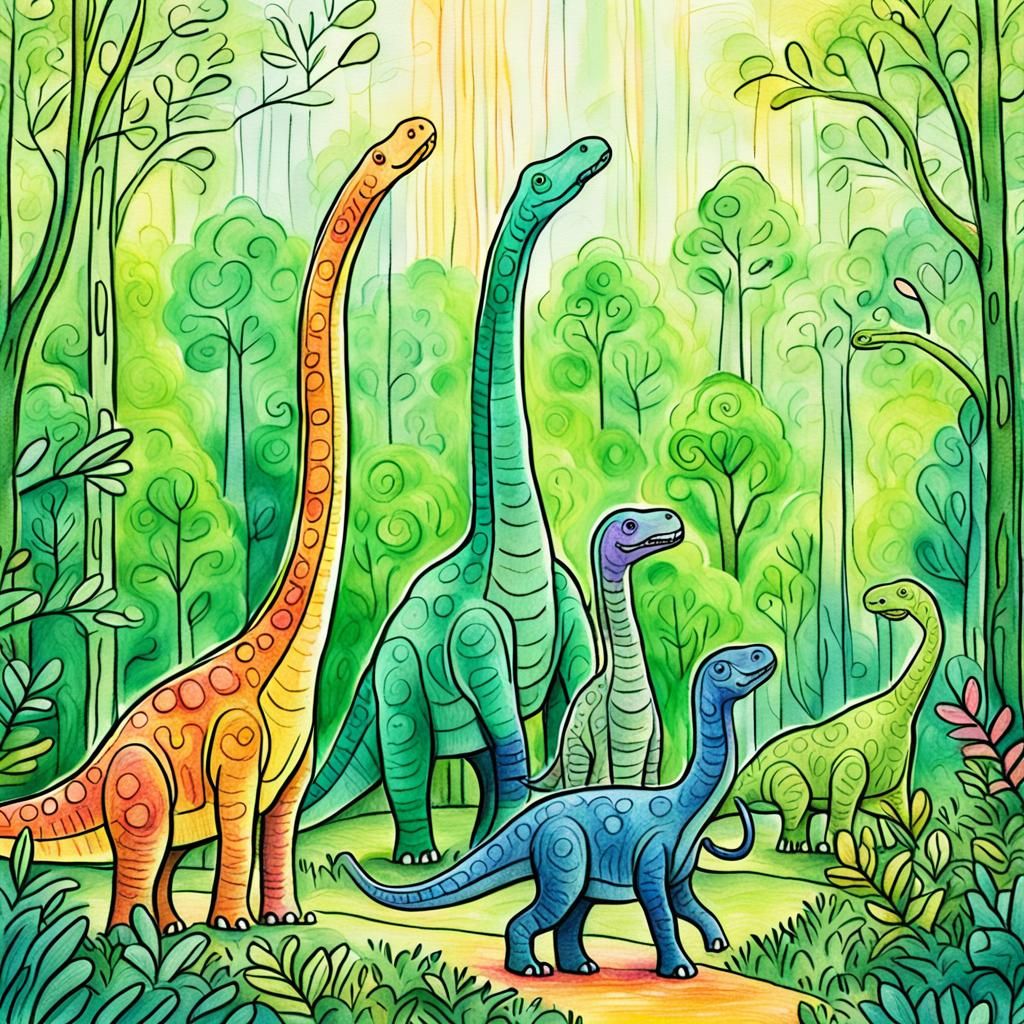 Brachiosaur Family Playtime: Crayon Doodle Sketch